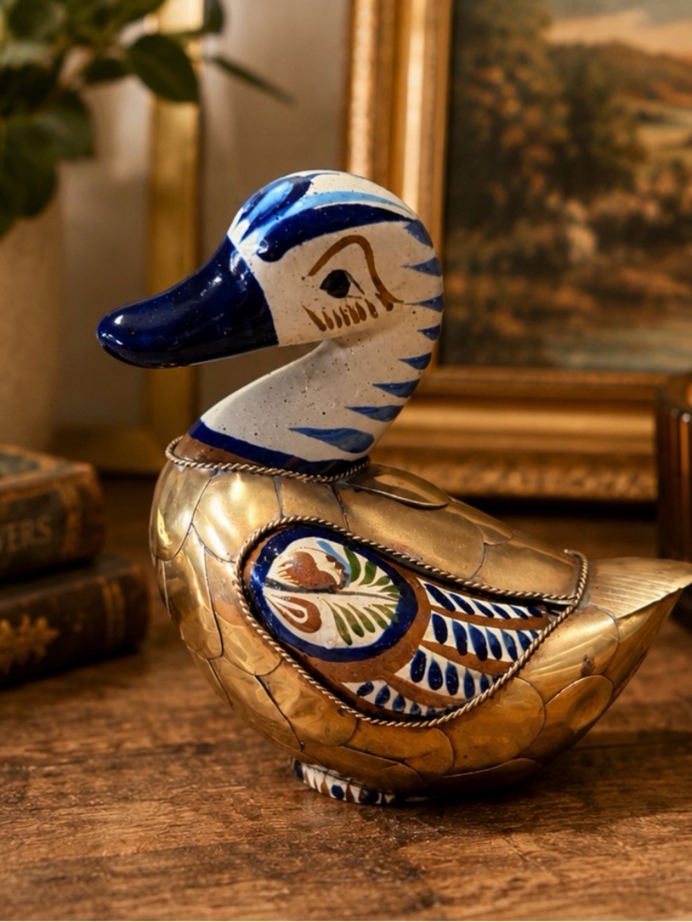 Vintage Brass Duck Sculpture with Hand Painted Ceramic Head | Folk Art Bird